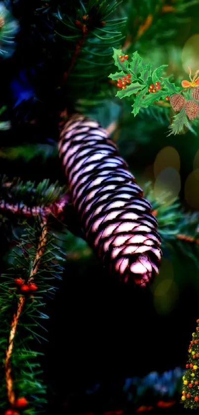 Festive pinecone on green branches, holiday-themed mobile wallpaper.