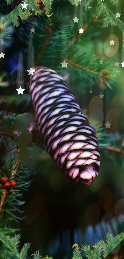 Festive pinecone on lush green branches with bokeh lights.