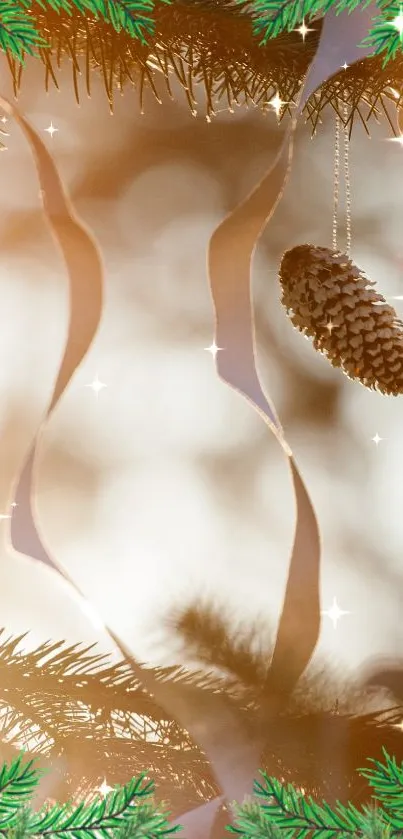 Festive pinecone with golden light and pine branches in a serene wallpaper design.