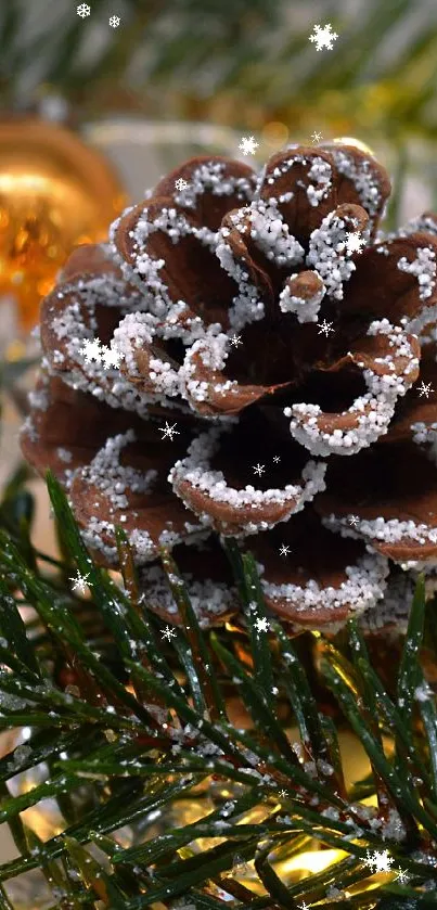 Festive mobile wallpaper with snowy pinecone and golden baubles.