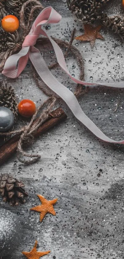 Festive holiday wallpaper with pine cones, ribbons, and stars on a grey background.