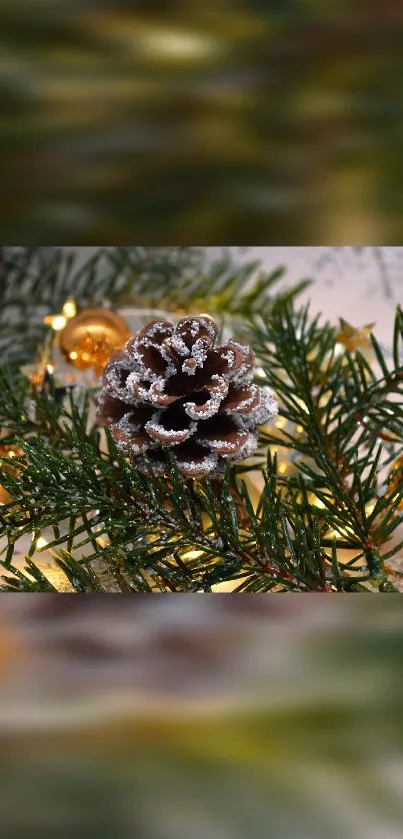 Festive pinecone with lights and evergreen branches in holiday theme.