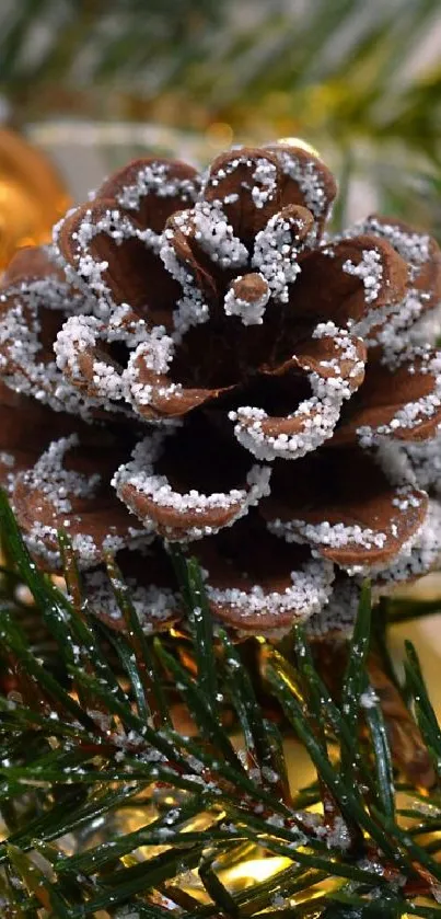 Frosted pinecone on lush evergreen branches