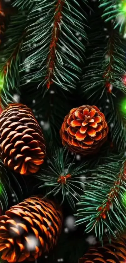 Pinecones with colorful lights on evergreen branches for holiday wallpaper.