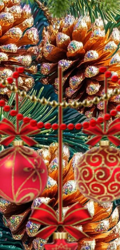 Christmas ornaments and pine cones wallpaper with glitter.
