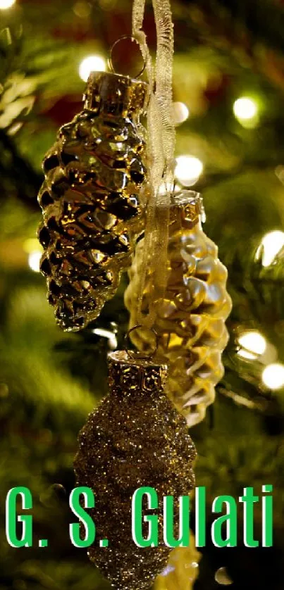 Sparkling pinecone ornaments on a Christmas tree with glowing lights.