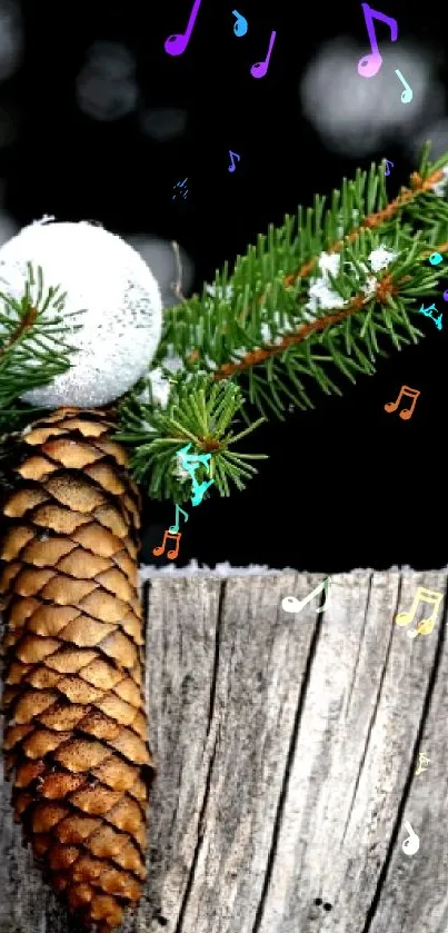 Festive pinecone and ornaments on rustic wood.
