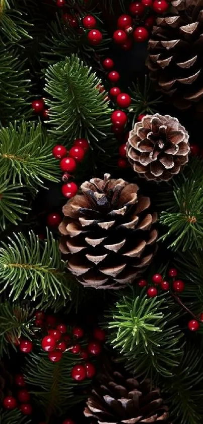 Festive pinecone and berry wallpaper with green pine branches.