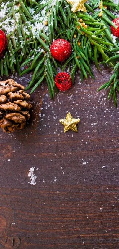 Festive pinecones, branches, and stars on a wooden background.