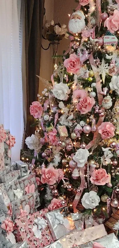 Christmas tree with pink flowers and gifts in a cozy room setting.