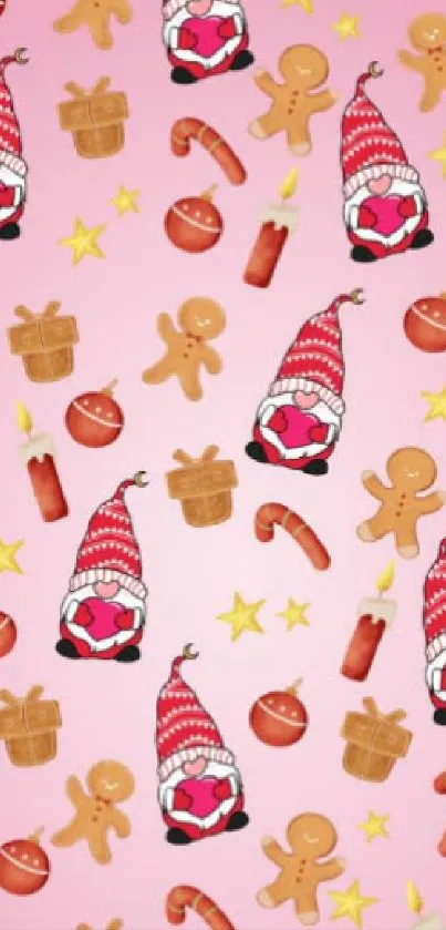 Pink Christmas wallpaper with gnomes and cookies.