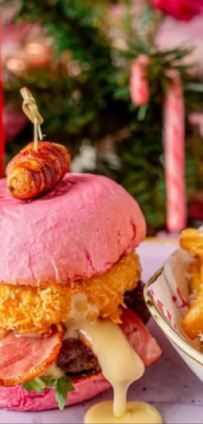 Festive pink burger and fries with Christmas decor.