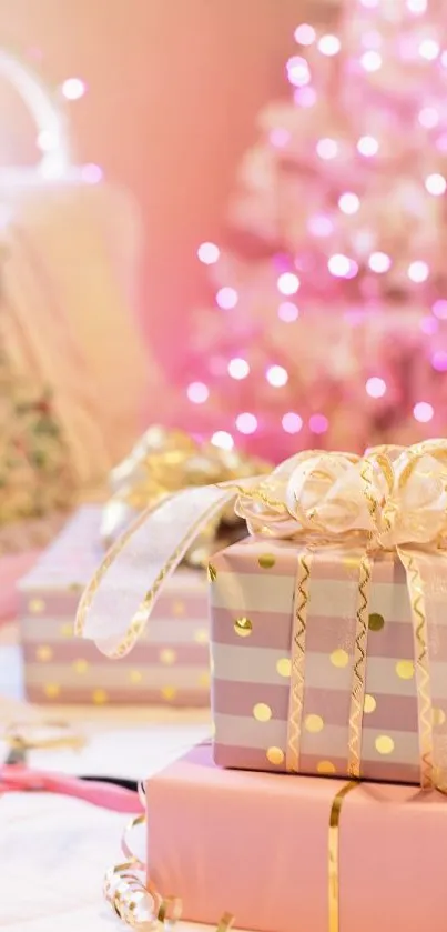 Pink gifts with a glowing Christmas tree background.