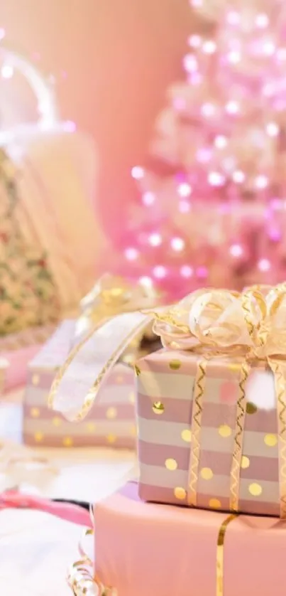 Pink festive gifts with glowing tree background.