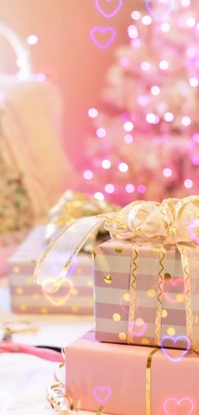 Festive pink gift boxes with Christmas tree.