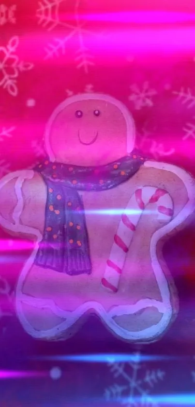 Festive gingerbread man with scarf on pink snowy background.