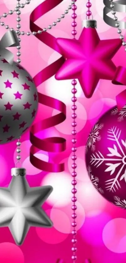 Vibrant pink festive ornament wallpaper with stars and holiday decorations.