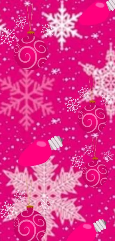 Festive pink wallpaper with snowflakes and ornaments.