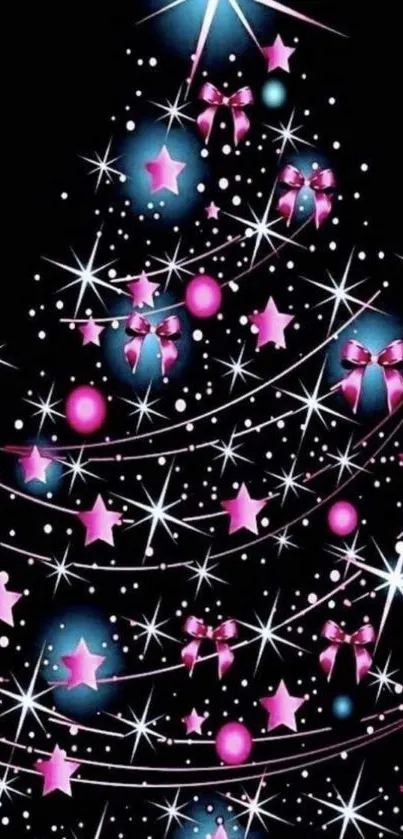 Christmas digital tree wallpaper with pink and blue stars and bows.