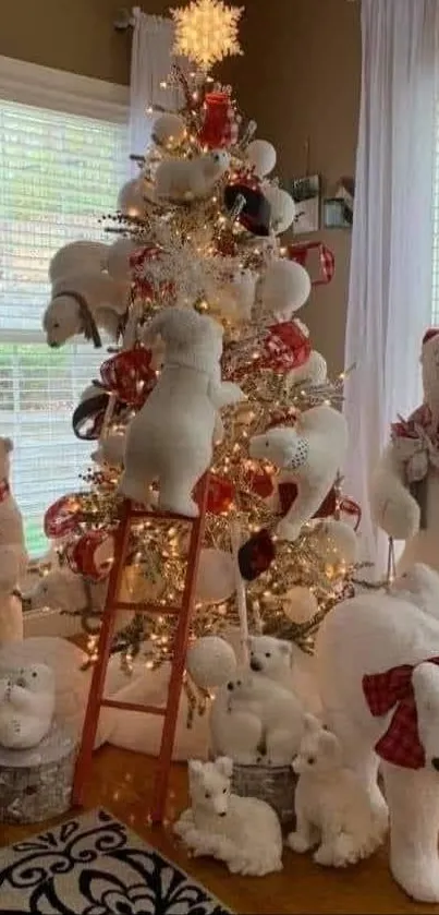 Christmas tree with polar bears and festive decor.