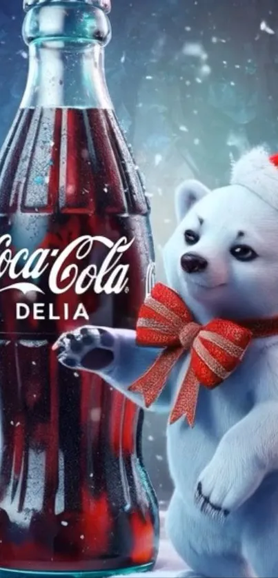 Cute polar bear with Santa hat next to Coca-Cola bottle.