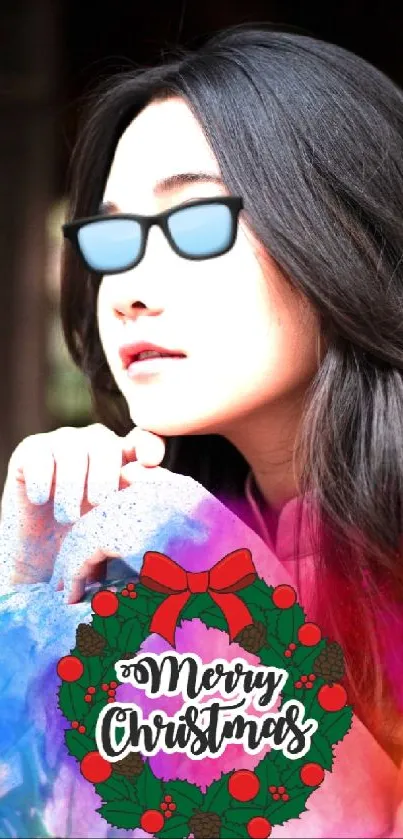 Stylish woman in sunglasses with Christmas wreath design.