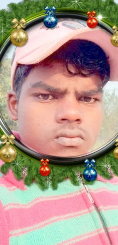 Festive portrait with colorful decorative frame.