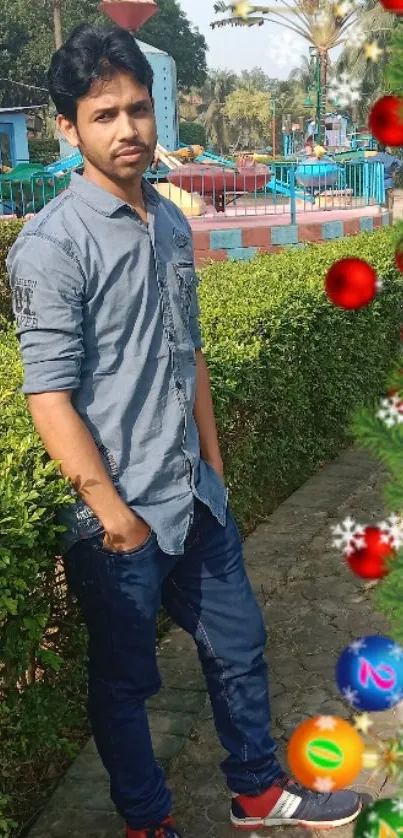 Person in jeans amidst Christmas decorations outdoors.