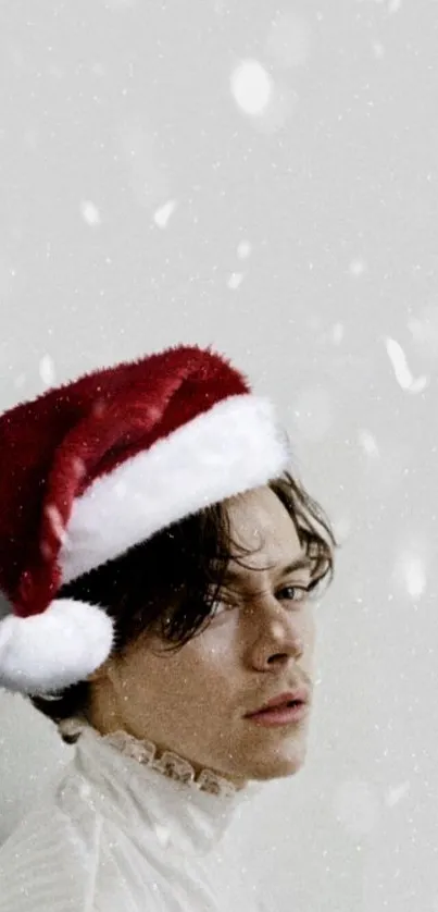 Festive portrait with Santa hat on white background.