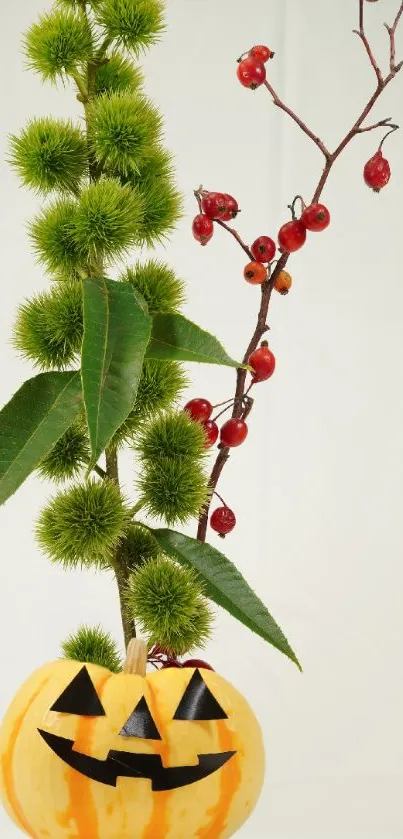 A jack-o'-lantern vase with green foliage and red berries against a light background.