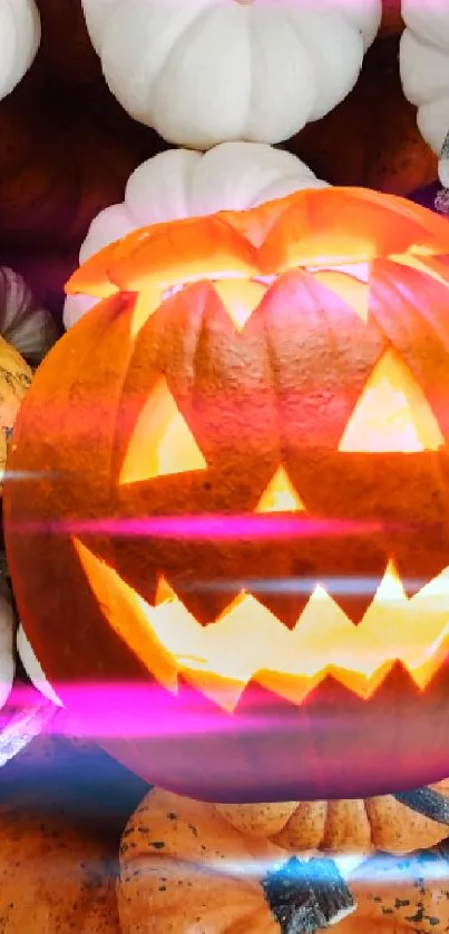 Glowing jack-o'-lantern surrounded by pumpkins.