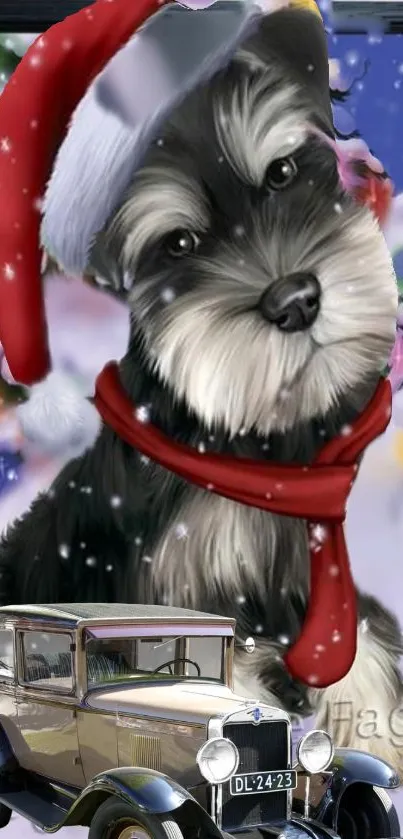 Festive schnauzer puppy with vintage car in snowy Christmas scene.