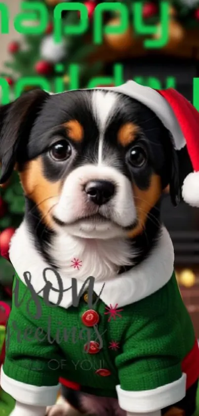 Adorable puppy in Santa hat with festive background.