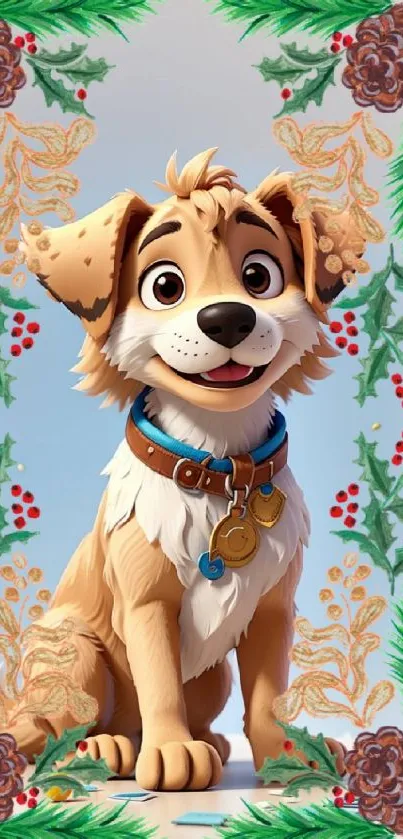 Adorable cartoon puppy with festive holiday decorations on mobile wallpaper.