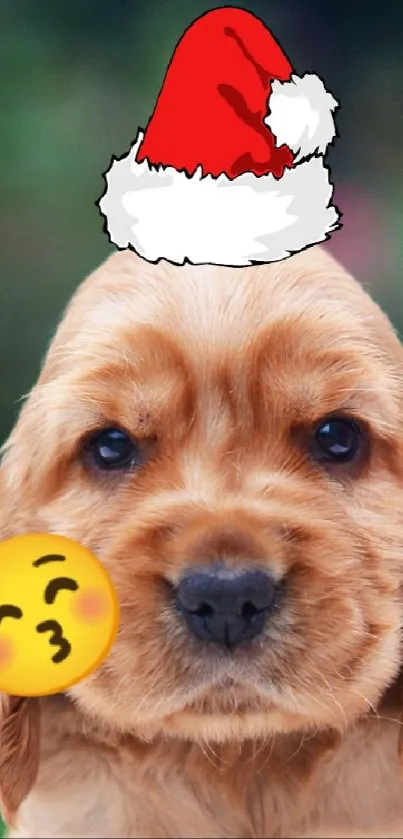 Cute puppy with Santa hat and emoji on white background.