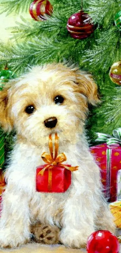 Cute puppy with gifts under a Christmas tree.