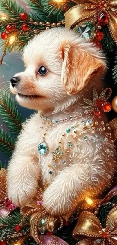 A cute puppy surrounded by festive holiday decorations and ornaments.