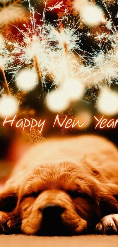 Puppy with fireworks Happy New Year mobile wallpaper.