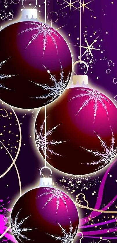 Purple and pink Christmas ornaments on a festive background.