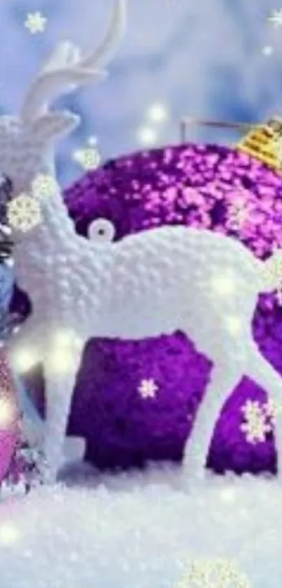 White reindeer with purple ornaments and snowflakes on holiday wallpaper.