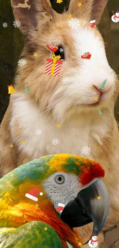 Festive wallpaper featuring a rabbit and a parrot with holiday decorations.