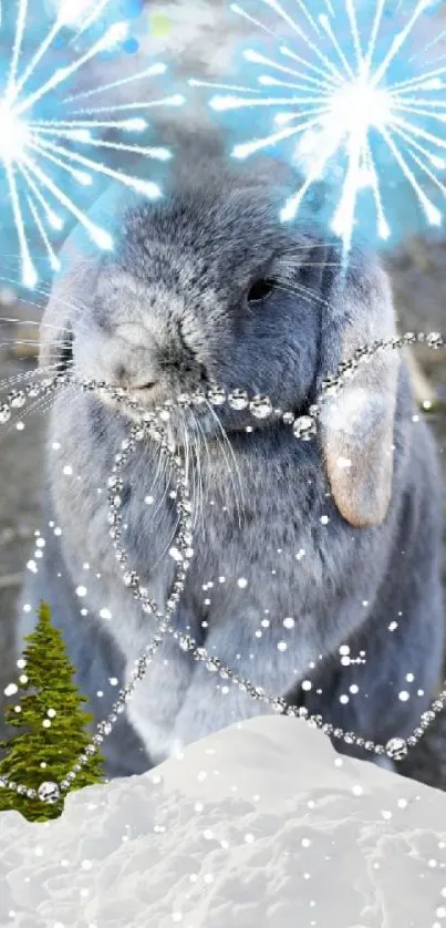 Gray rabbit with sparkling fireworks in a festive winter scene.