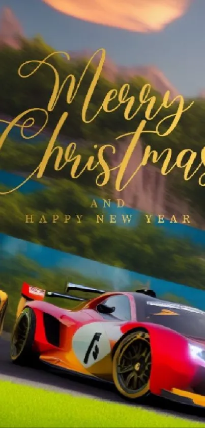 Festive racing cars with Merry Christmas greeting on a green background.