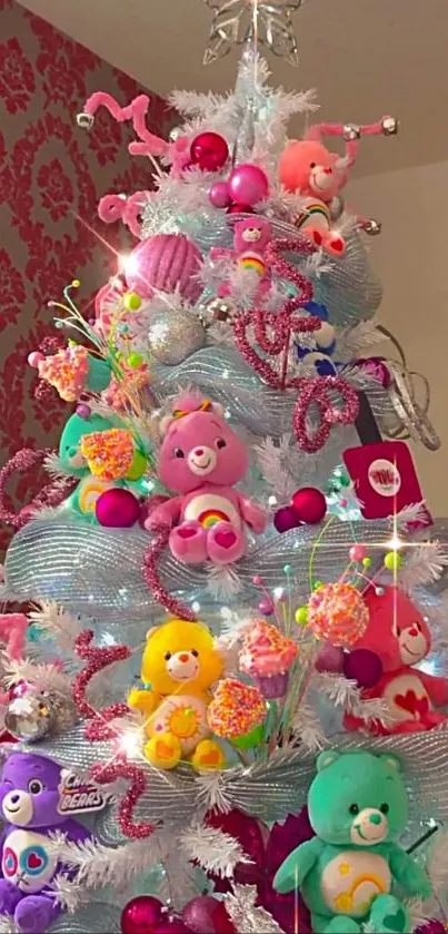 A colorful Christmas tree with whimsical ornaments and cheerful decorations.