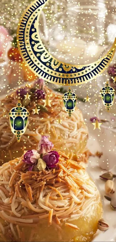 Ramadan sweets with golden crescent moon and lanterns.