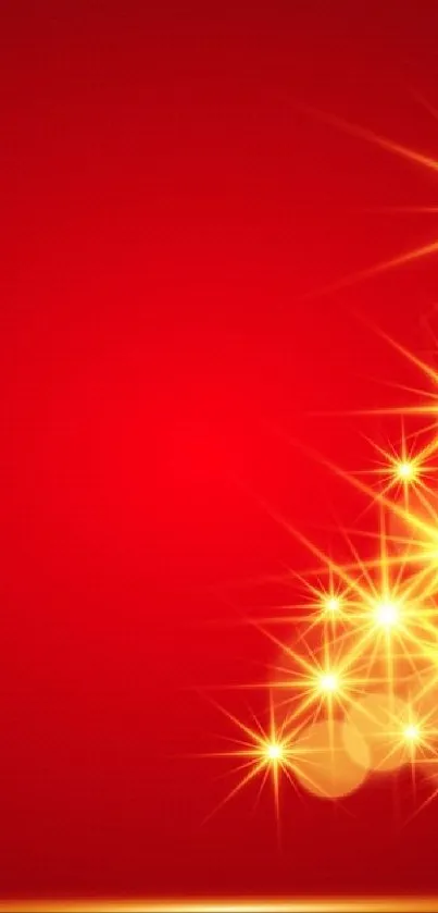 Red festive wallpaper with a glowing tree of gold stars.