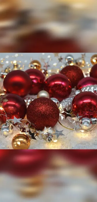 Festive red and gold Christmas ornaments with twinkling lights.