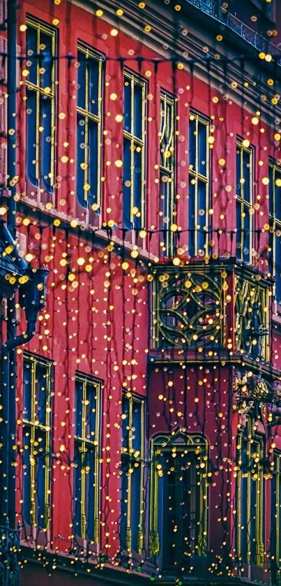 Red building with festive string lights glowing in an urban night scene.