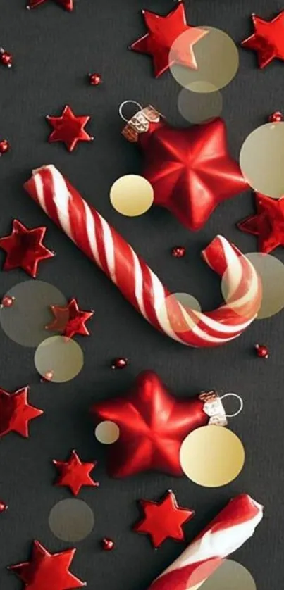 Festive wallpaper with red candy canes and stars.