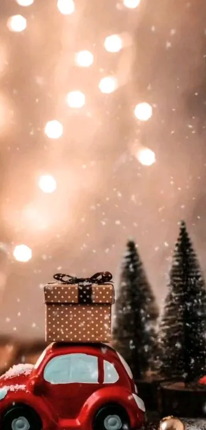 Festive mobile wallpaper with a red car and holiday lights.